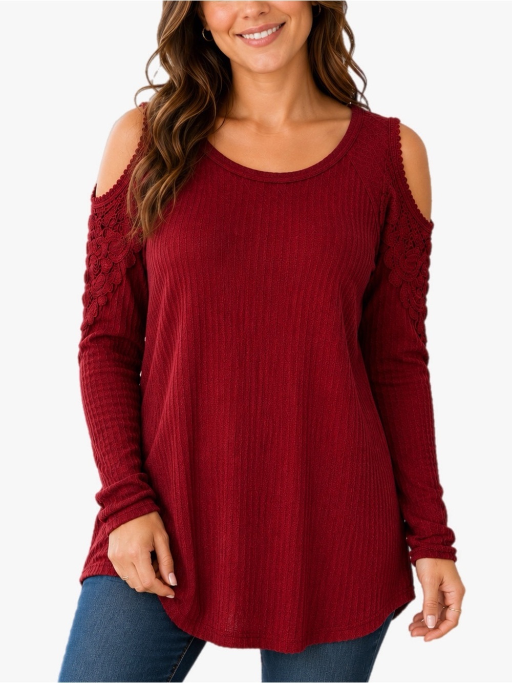 NWT Cato Plus Size 14/16 Burgundy Cold Shoulder Tunic Top Crochet Lace Boho